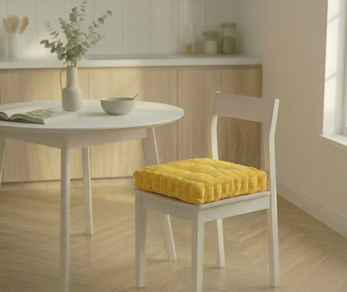Chaise blanche avec un coussin de chaise épais à motifs côtelés, placée dans une cuisine lumineuse au sol en bois clair.