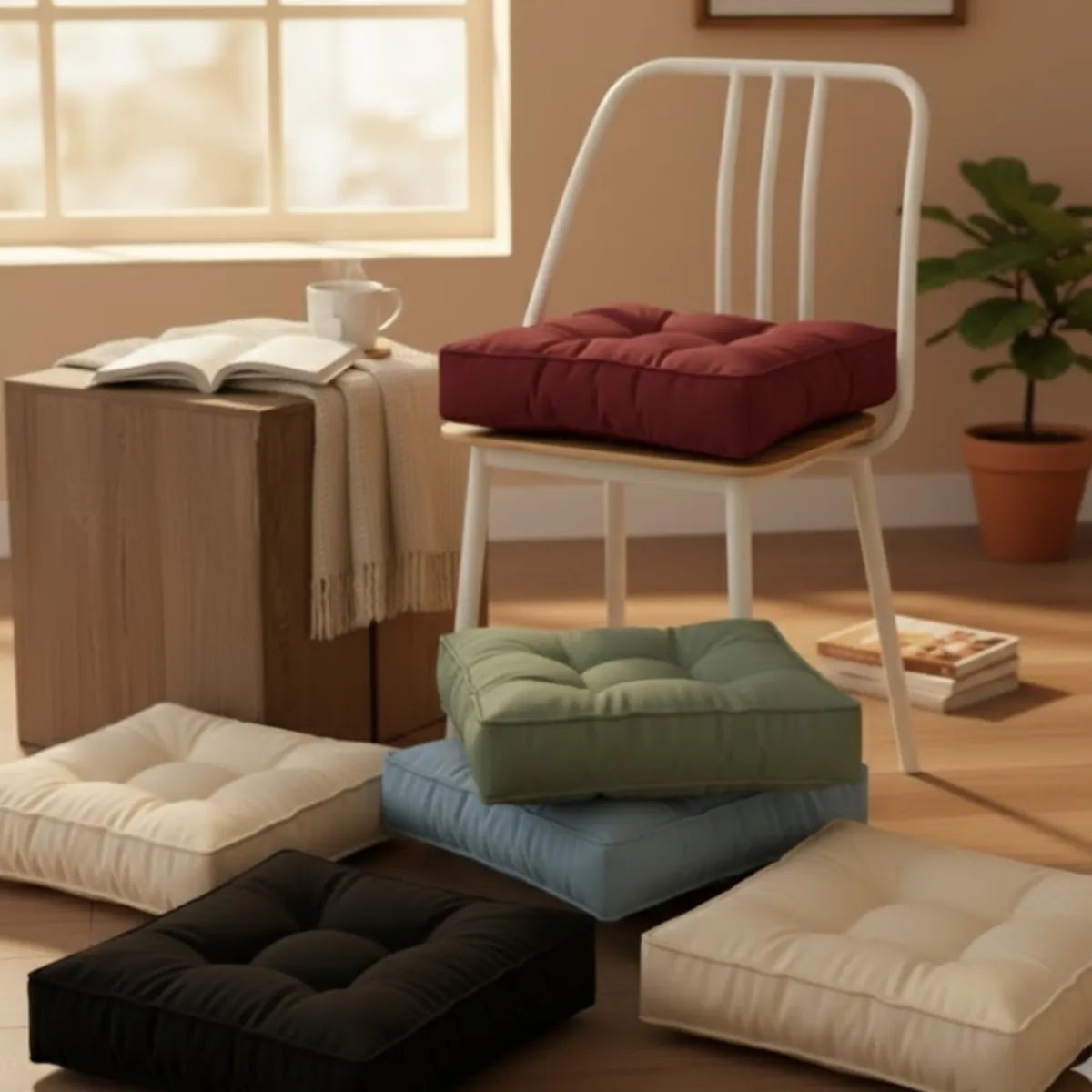 Coussin de chaise matelassé, plusieurs coloris sur le sol dans un intérieur chaleureux.