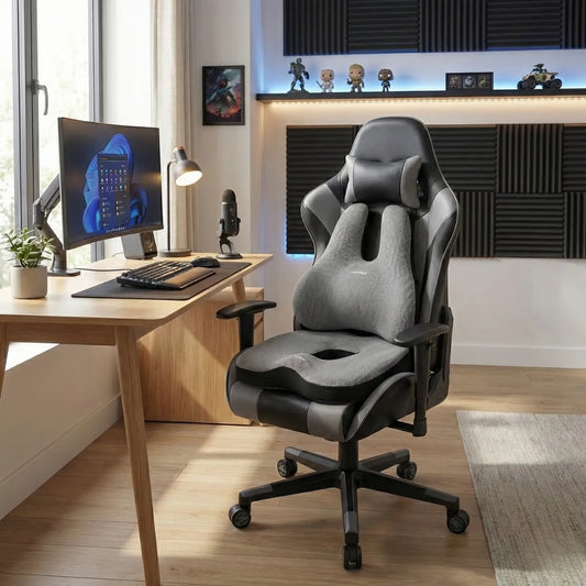 Set ergonomique bleu composé d'un coussin d'assise et d'un dossier lombaire pour fauteuil de gaming et bureau.