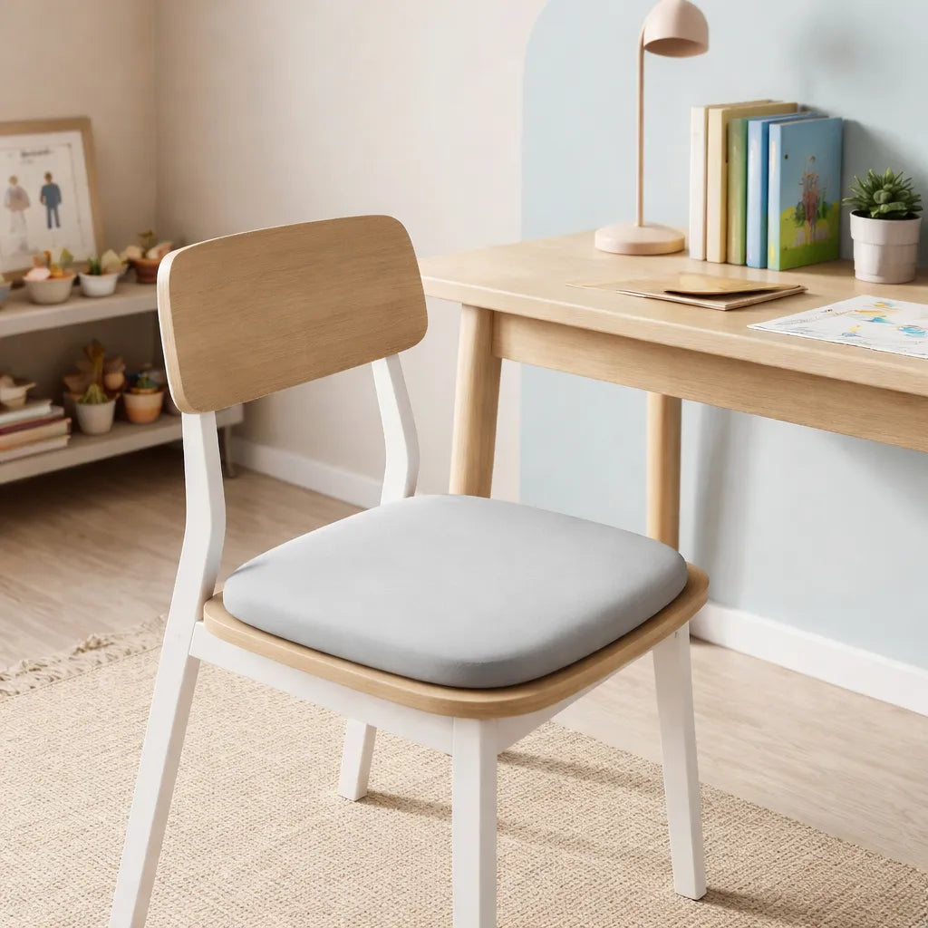 Coussin d’assise ergonomique posé sur une chaise en bois dans un espace bureau enfant