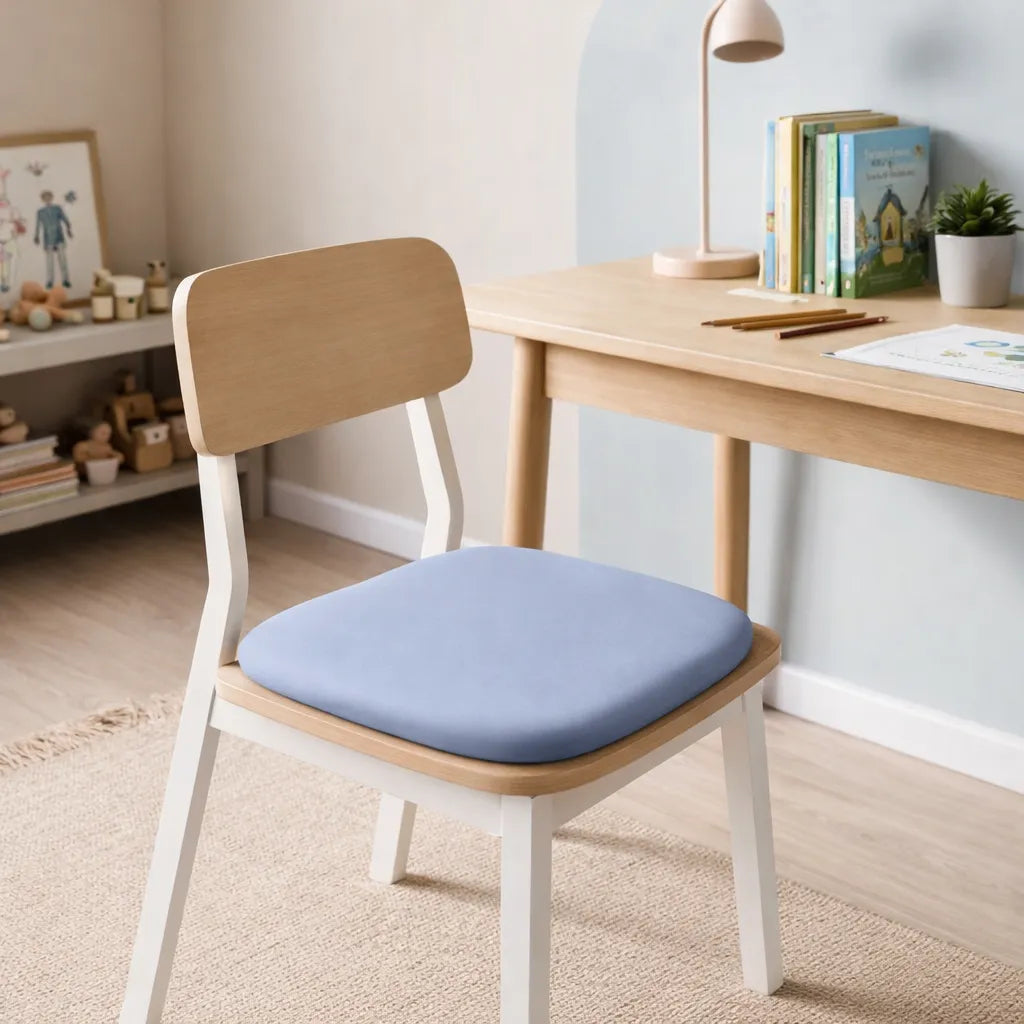 Coussin d’assise ergonomique posé sur une chaise en bois dans un espace bureau enfant