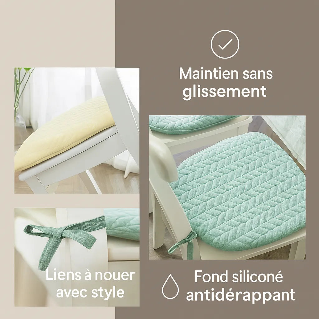Coussin de chaise antidérapant avec liens à nouer et fond en silicone.