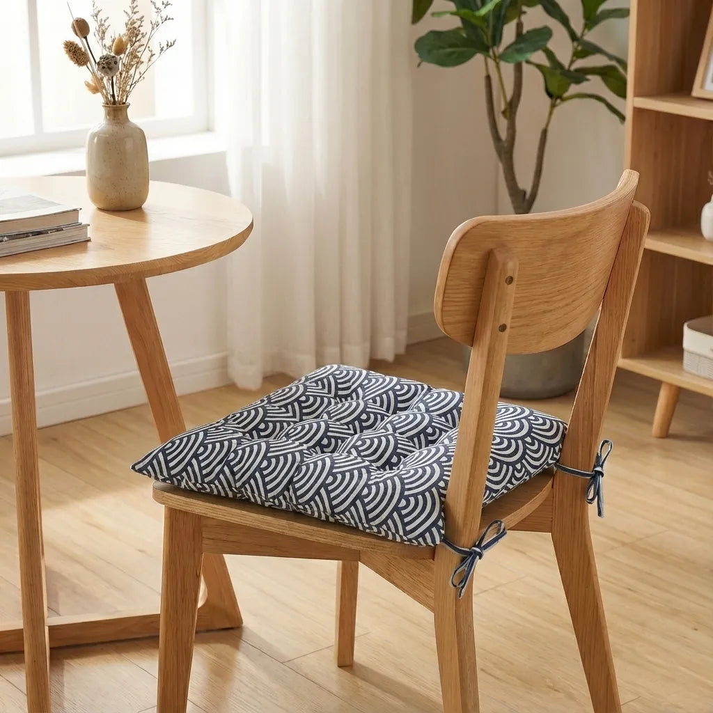 Coussin de chaise carré, attaché à une chaise en bois clair dans un coin lecture lumineux avec table ronde, rideaux en lin et plantes vertes en arrière-plan.