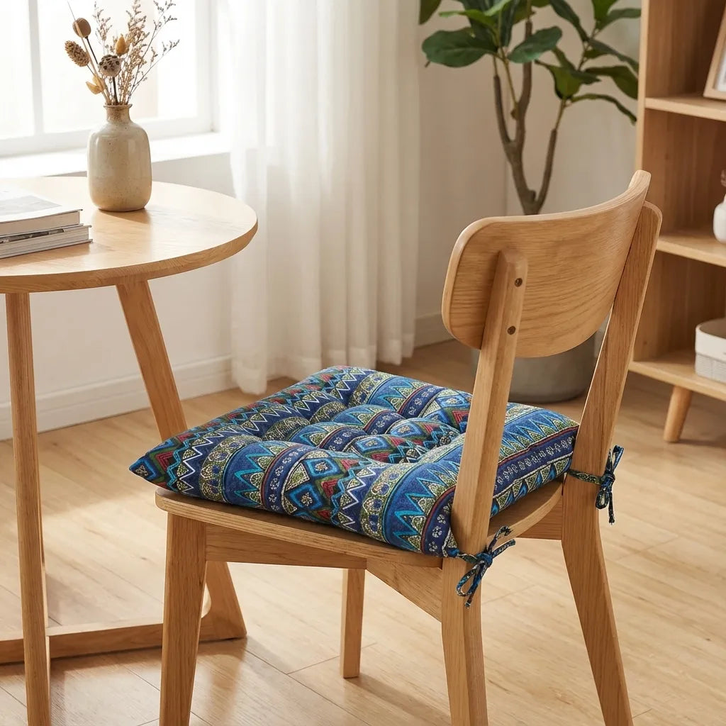 Coussin de chaise carré, attaché à une chaise en bois clair dans un coin lecture lumineux avec table ronde, rideaux en lin et plantes vertes en arrière-plan.