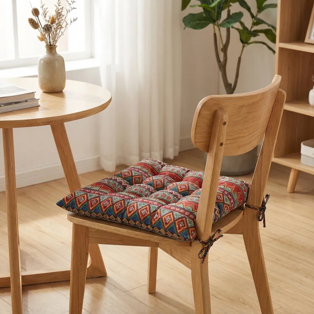 Coussin de chaise carré, attaché à une chaise en bois clair dans un coin lecture lumineux avec table ronde, rideaux en lin et plantes vertes en arrière-plan.