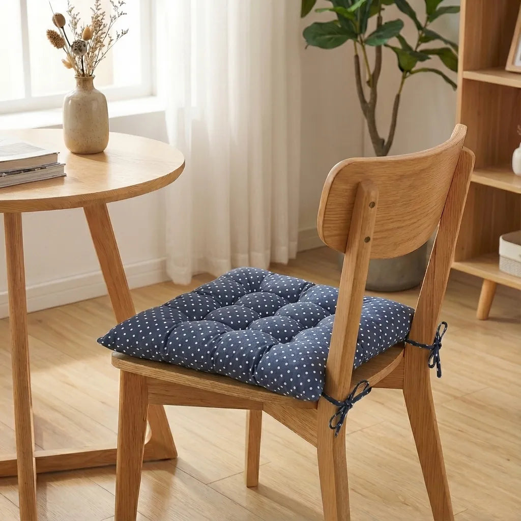 Coussin de chaise carré, attaché à une chaise en bois clair dans un coin lecture lumineux avec table ronde, rideaux en lin et plantes vertes en arrière-plan.