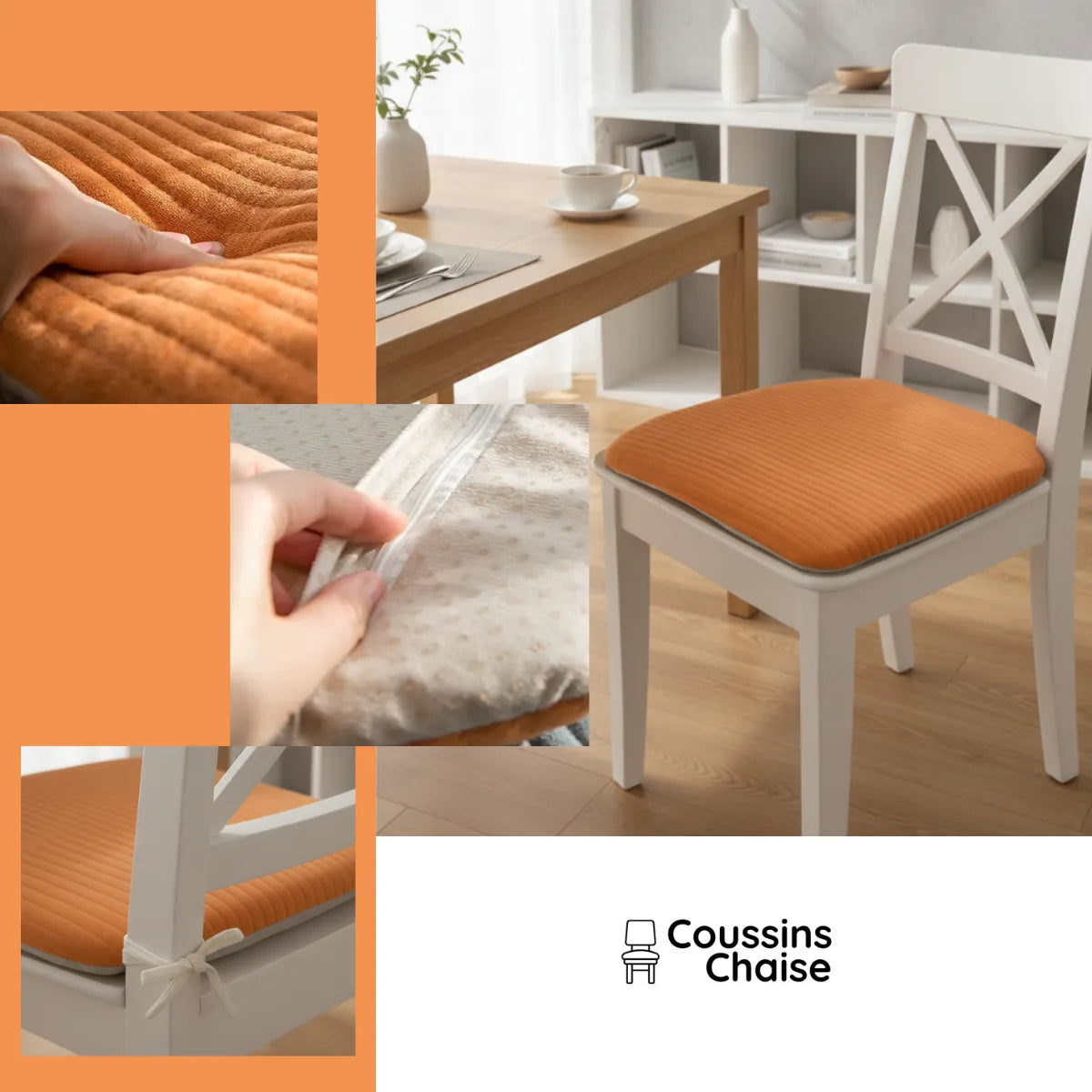 Coussin de chaise orange en tissu chenille côtelé, rembourré, déhoussable avec fermeture éclair et liens à nouer.