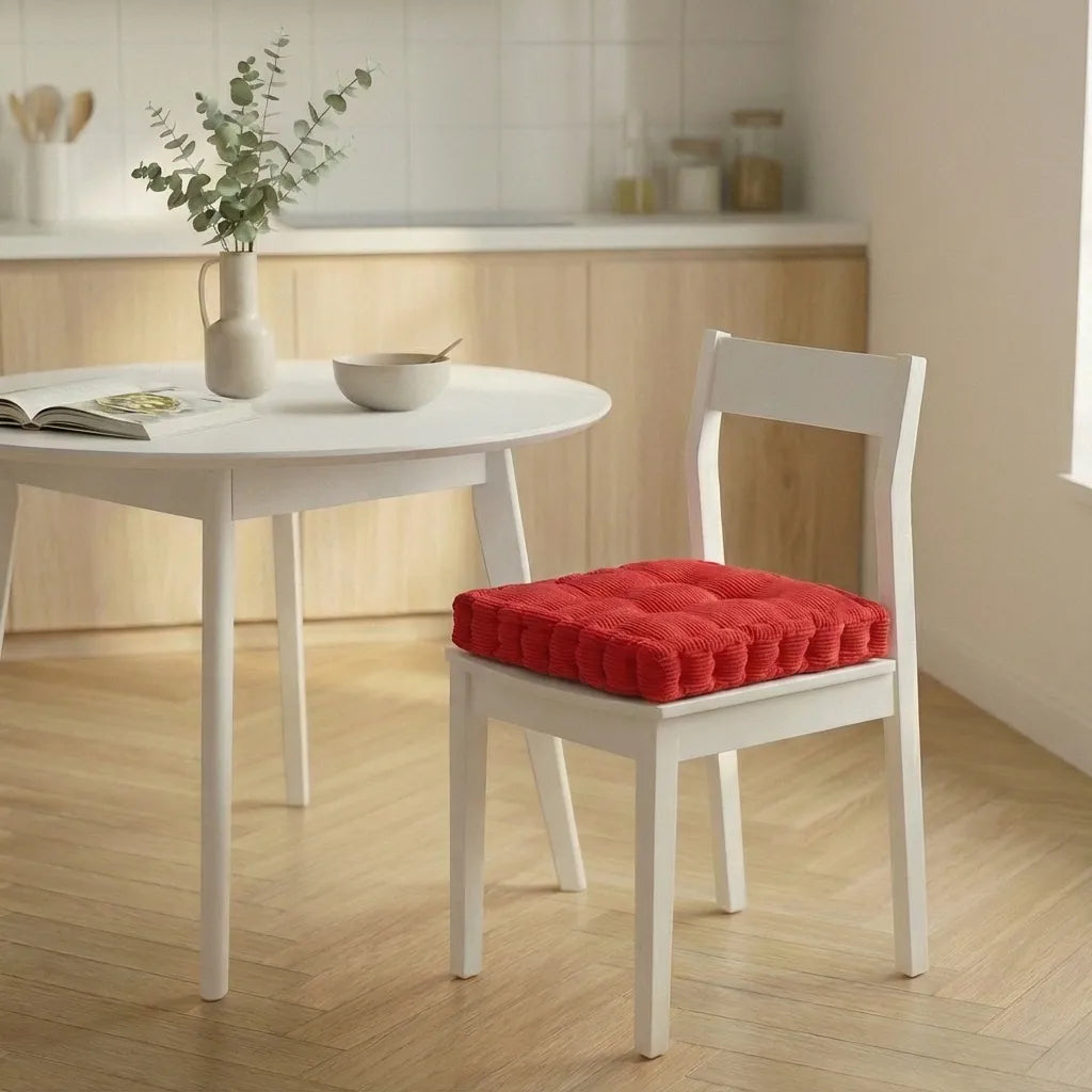 Chaise blanche avec un coussin de chaise épais à motifs côtelés, placée dans une cuisine lumineuse au sol en bois clair.