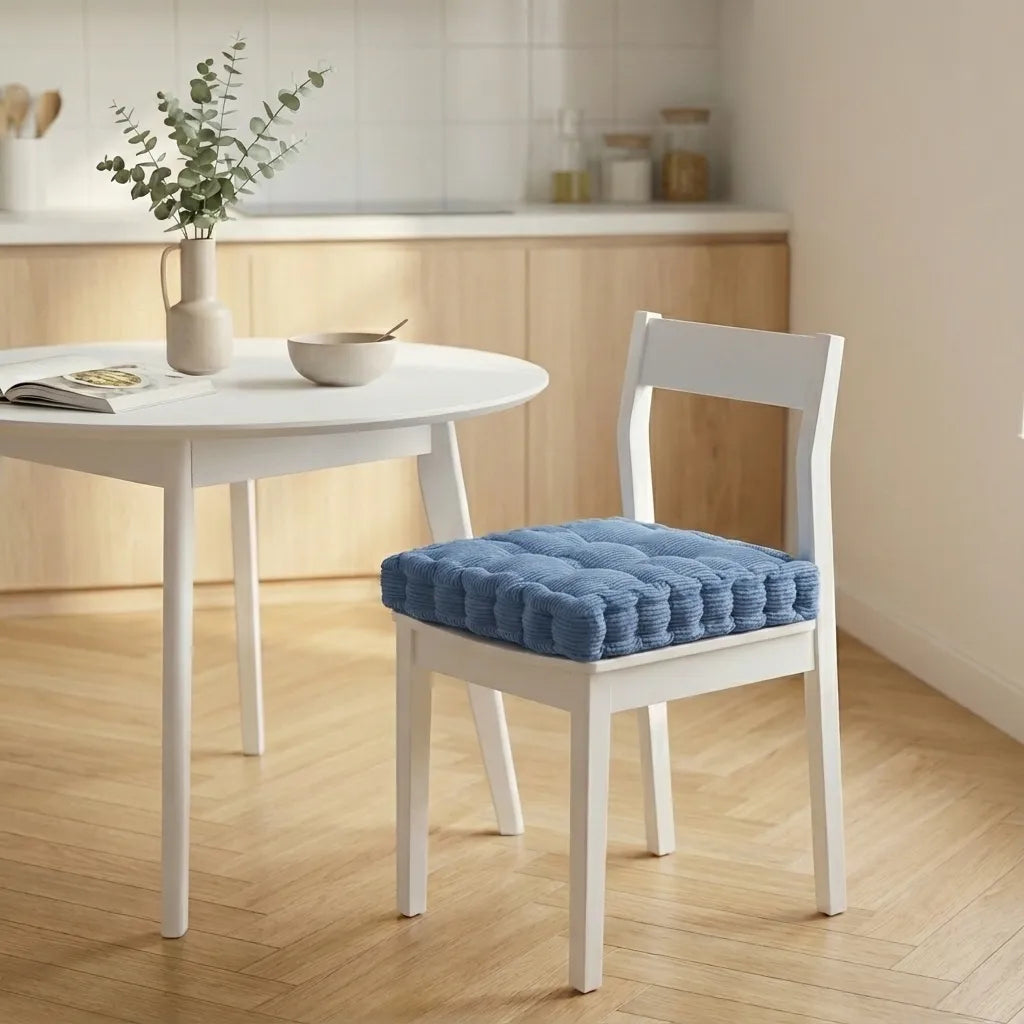 Chaise blanche avec un coussin de chaise épais à motifs côtelés, placée dans une cuisine lumineuse au sol en bois clair.