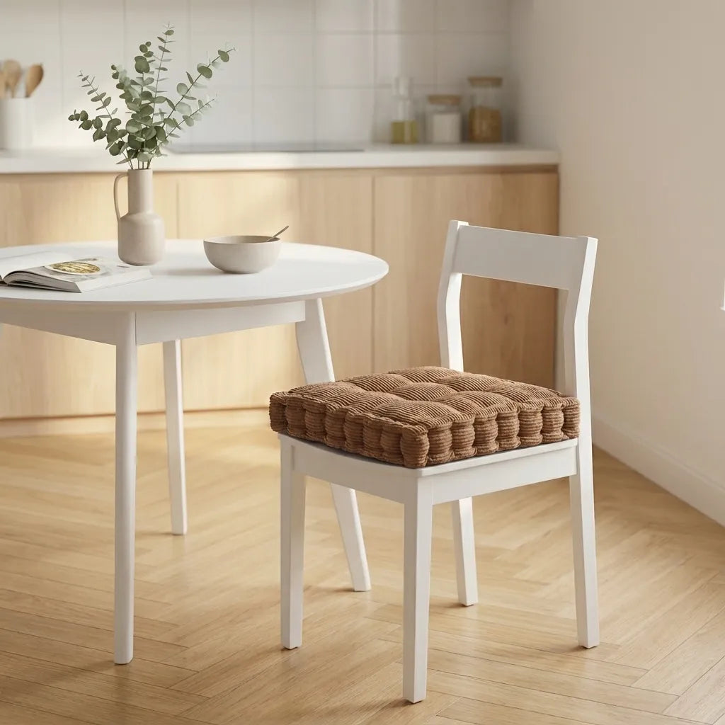 Chaise blanche avec un coussin de chaise épais à motifs côtelés, placée dans une cuisine lumineuse au sol en bois clair.