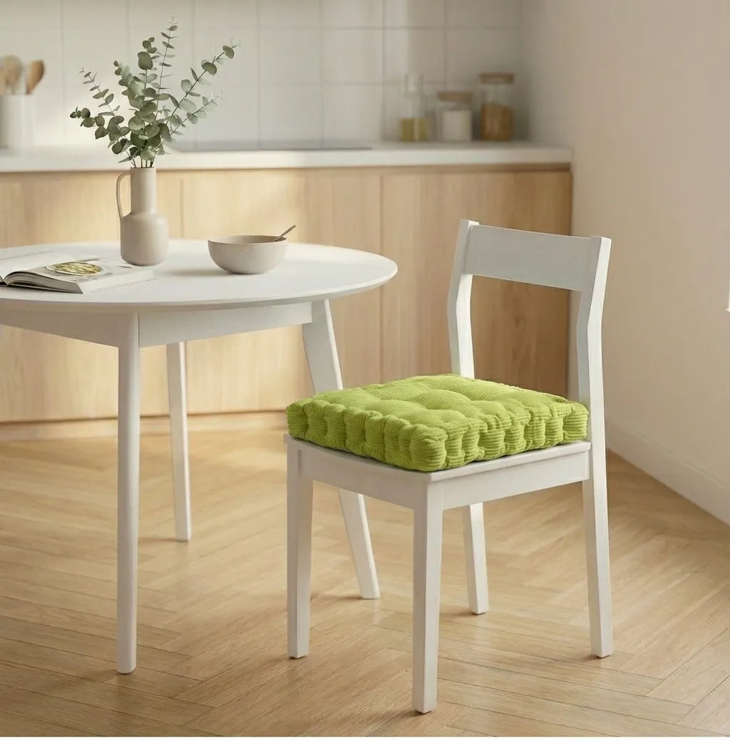 Chaise blanche avec un coussin de chaise épais à motifs côtelés, placée dans une cuisine lumineuse au sol en bois clair.