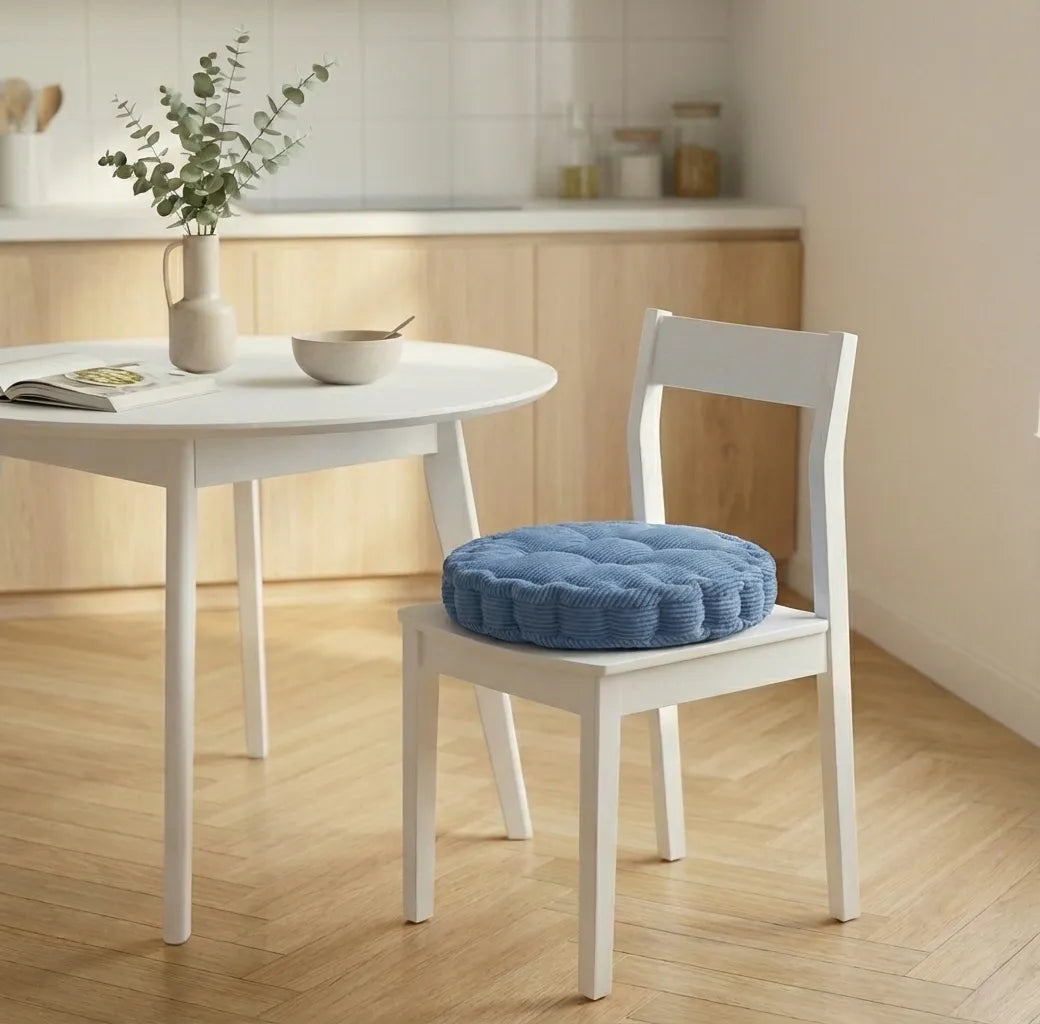 Chaise blanche avec un coussin de chaise épais à motifs côtelés, placée dans une cuisine lumineuse au sol en bois clair.