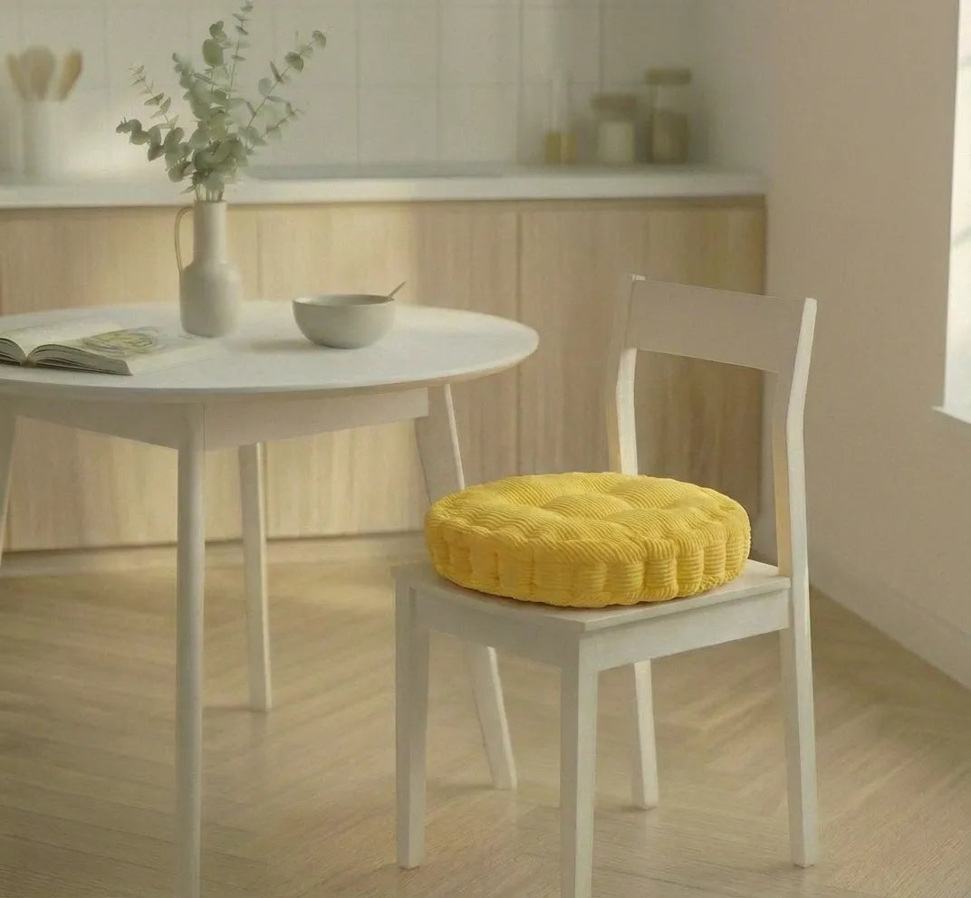Chaise blanche avec un coussin de chaise épais à motifs côtelés, placée dans une cuisine lumineuse au sol en bois clair.