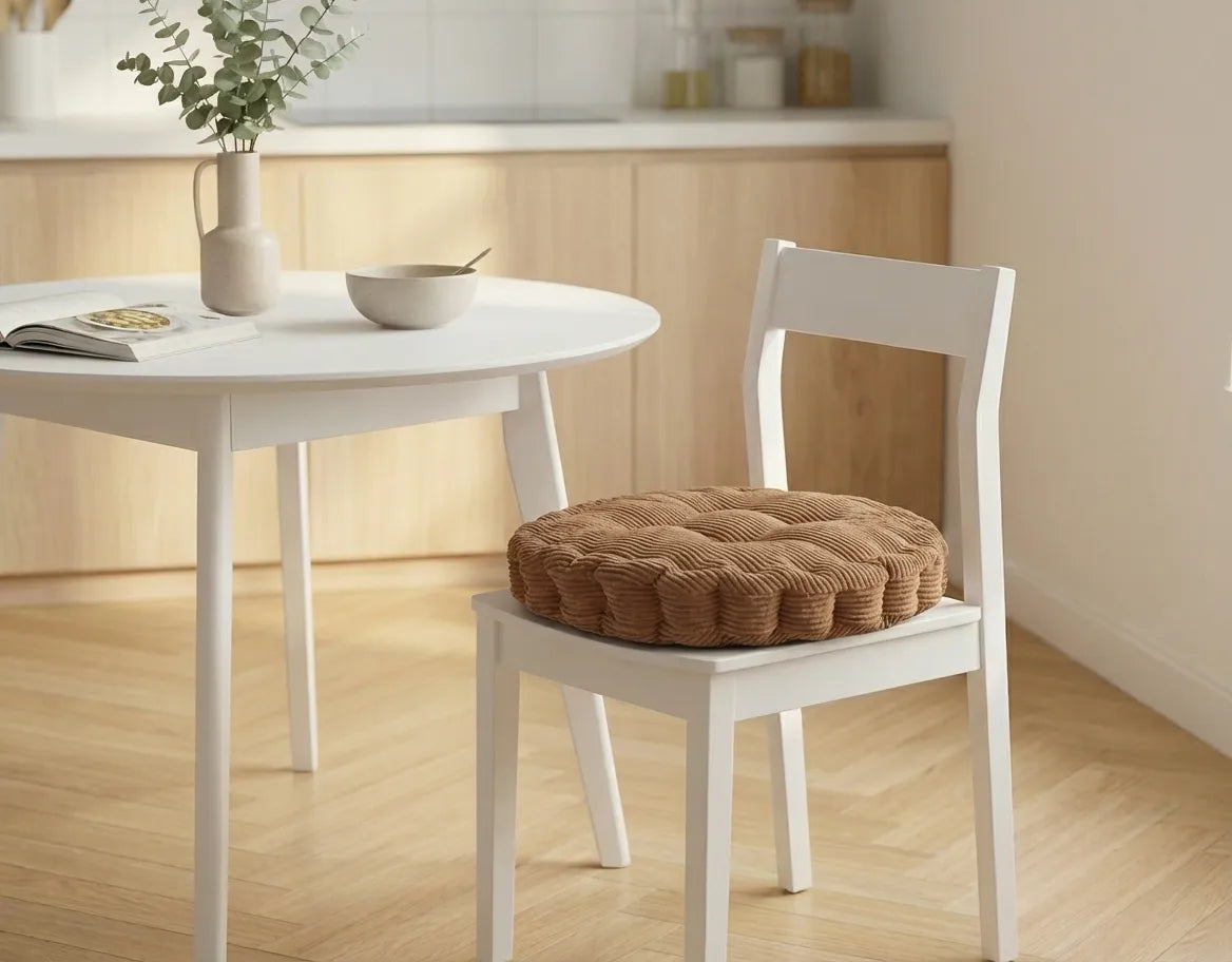 Chaise blanche avec un coussin de chaise épais à motifs côtelés, placée dans une cuisine lumineuse au sol en bois clair.