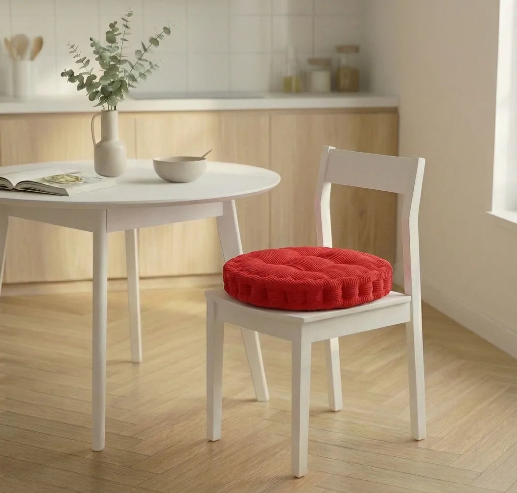 Chaise blanche avec un coussin de chaise épais à motifs côtelés, placée dans une cuisine lumineuse au sol en bois clair.