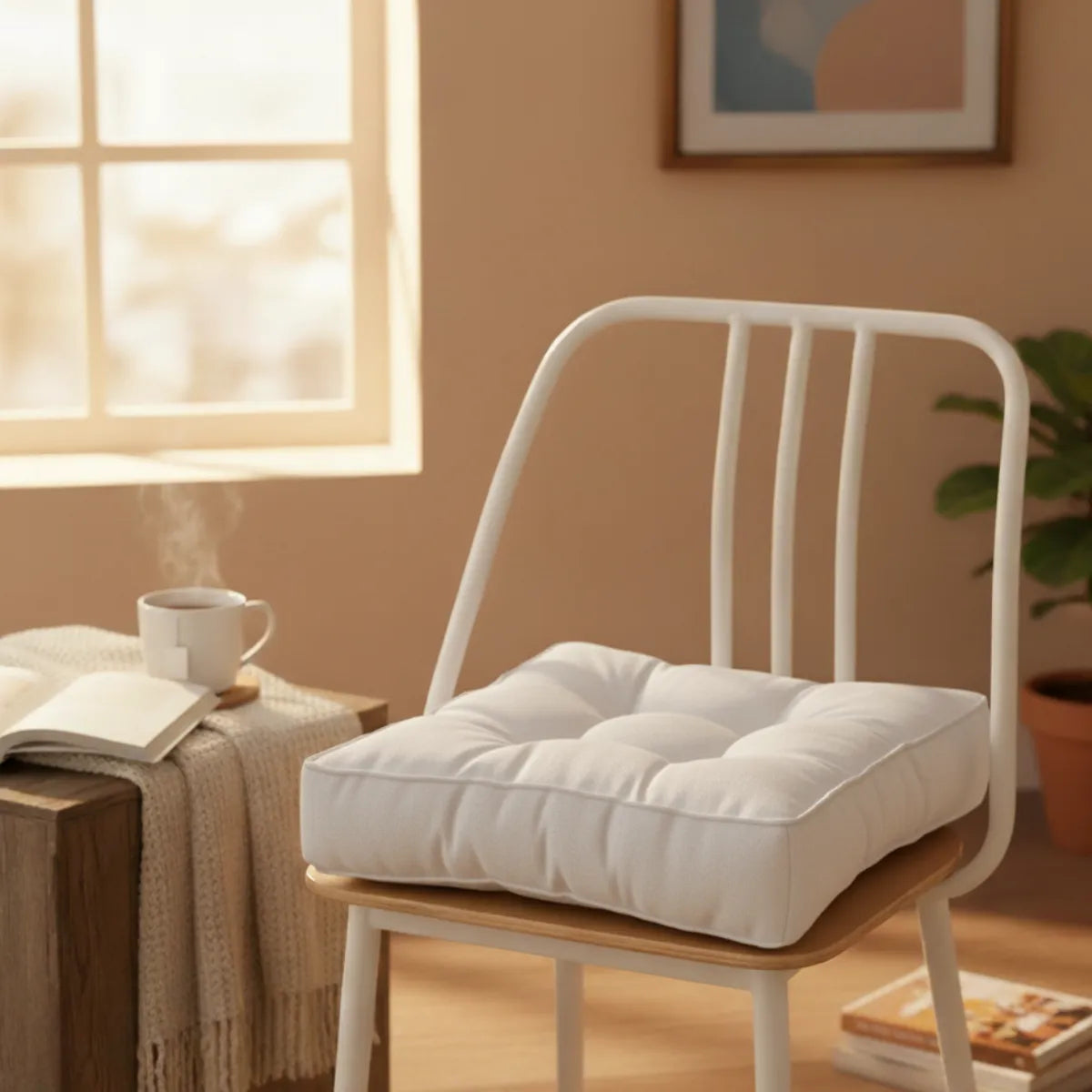 Coussin de chaise matelassé, posé sur une chaise blanche en métal dans un intérieur chaleureux.