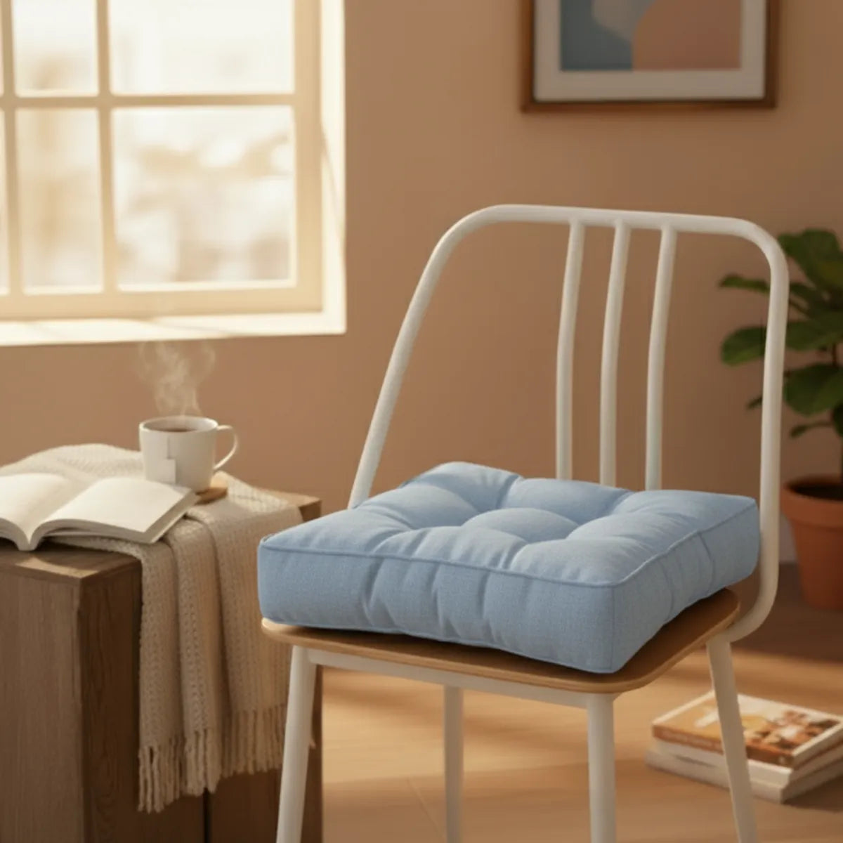 Coussin de chaise matelassé, posé sur une chaise blanche en métal dans un intérieur chaleureux.