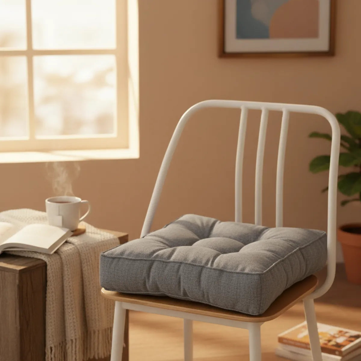 Coussin de chaise matelassé, posé sur une chaise blanche en métal dans un intérieur chaleureux.