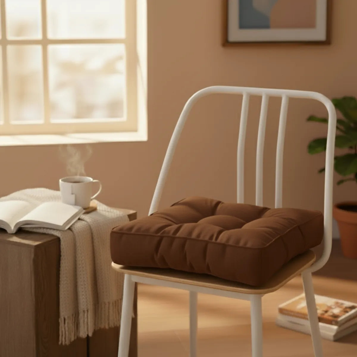 Coussin de chaise matelassé, posé sur une chaise blanche en métal dans un intérieur chaleureux.