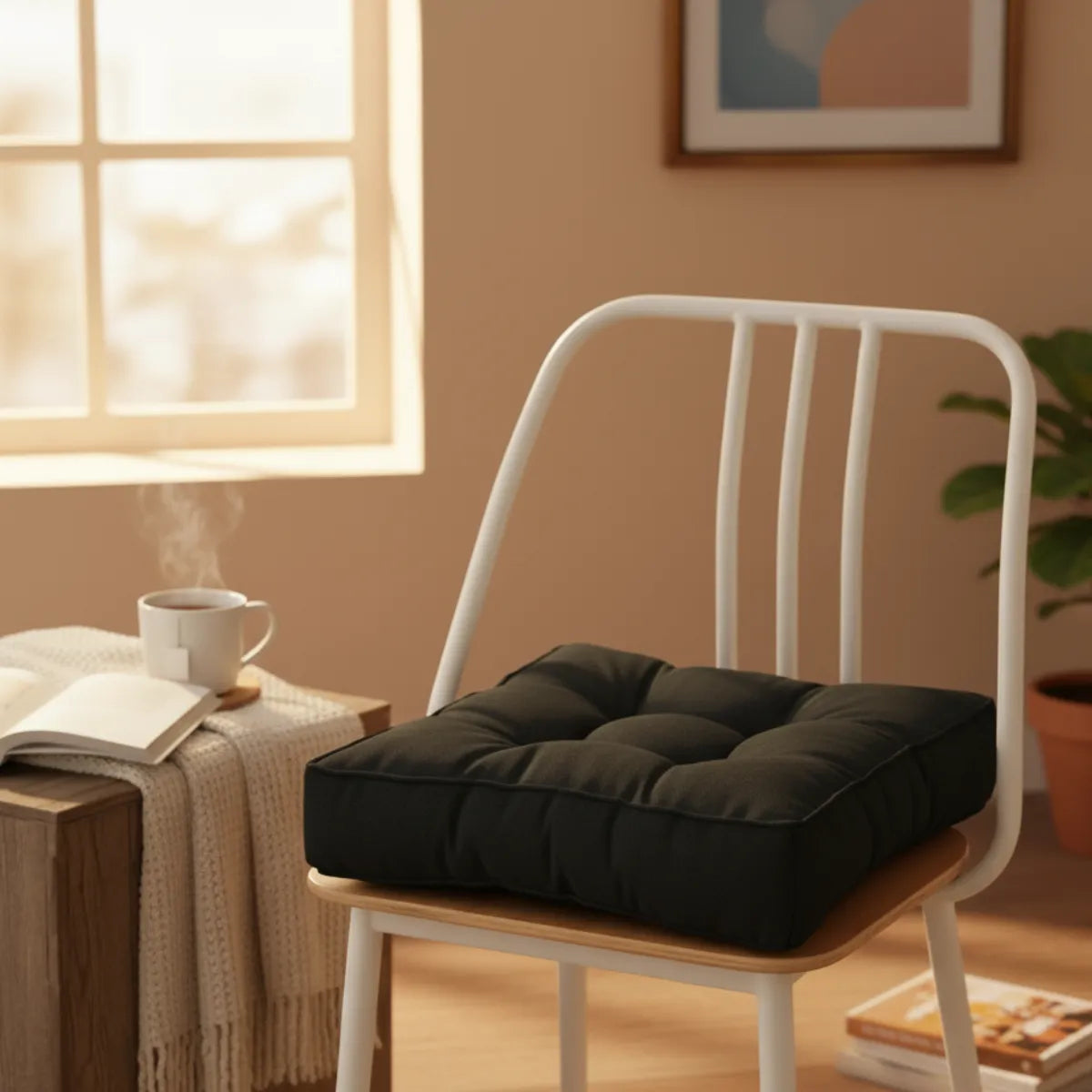 Coussin de chaise matelassé, posé sur une chaise blanche en métal dans un intérieur chaleureux.