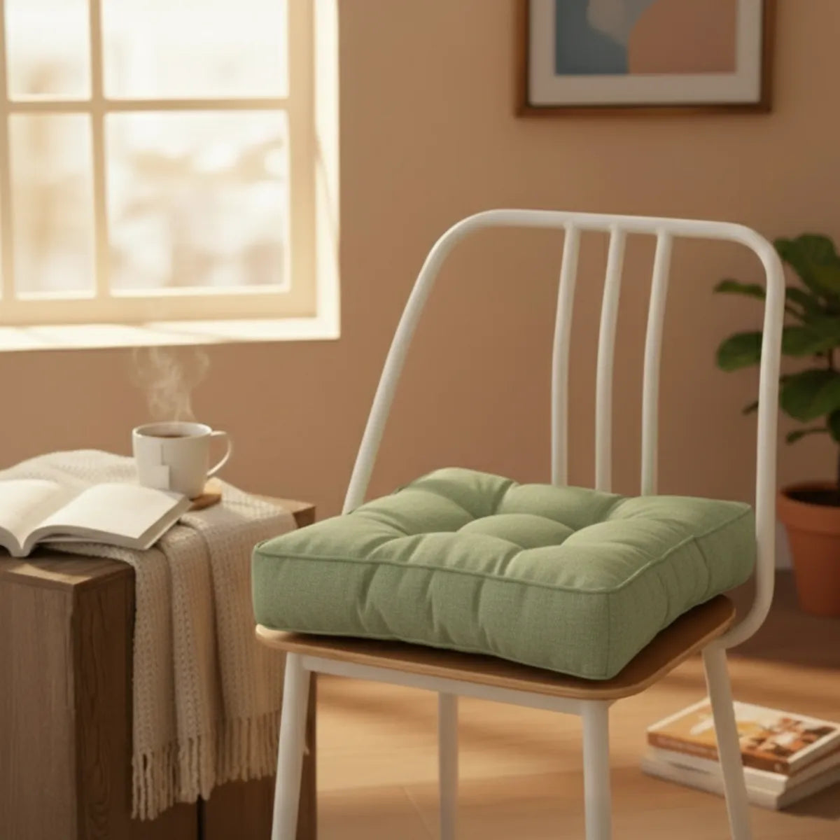 Coussin de chaise matelassé, posé sur une chaise blanche en métal dans un intérieur chaleureux.