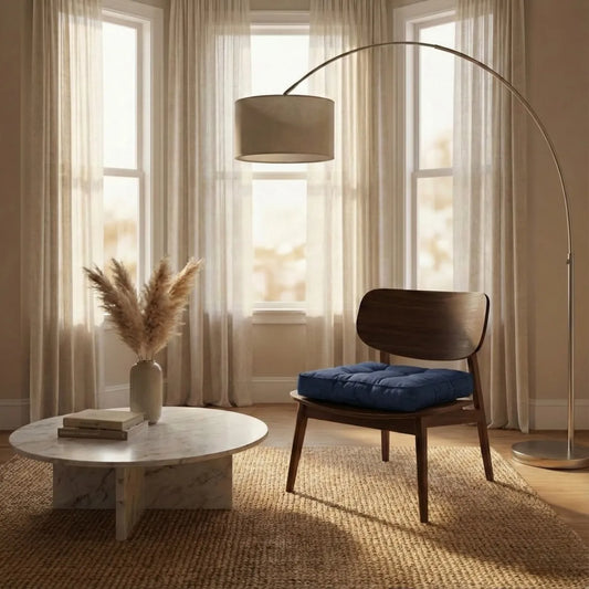 Coussin d’assise matelassé posé sur une chaise en bois dans un salon lumineux, décoré d’un tapis tressé, d’une table basse en marbre et d’une grande lampe sur pied.