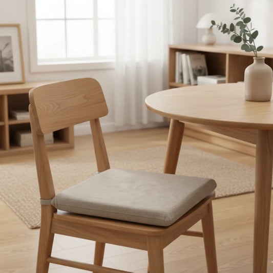 Coussin de chaise style japonais en tissu dans un salon cosy et chaleureux, housse déhoussable avec attaches.