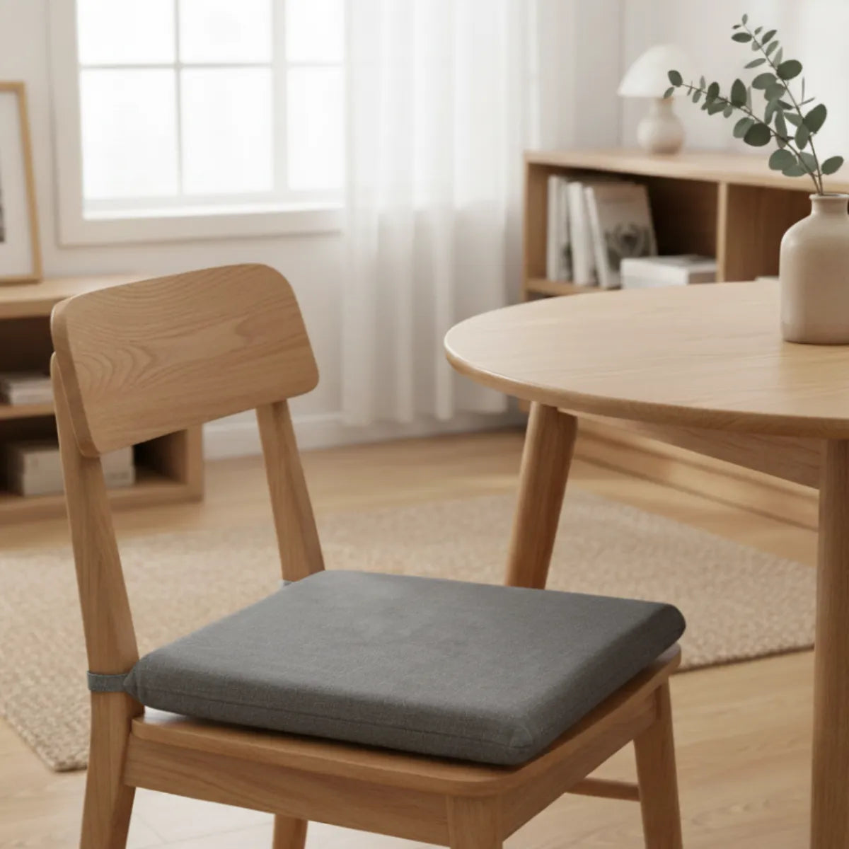 Coussin de chaise style japonais en tissu dans un salon cosy et chaleureux, housse déhoussable avec attaches.