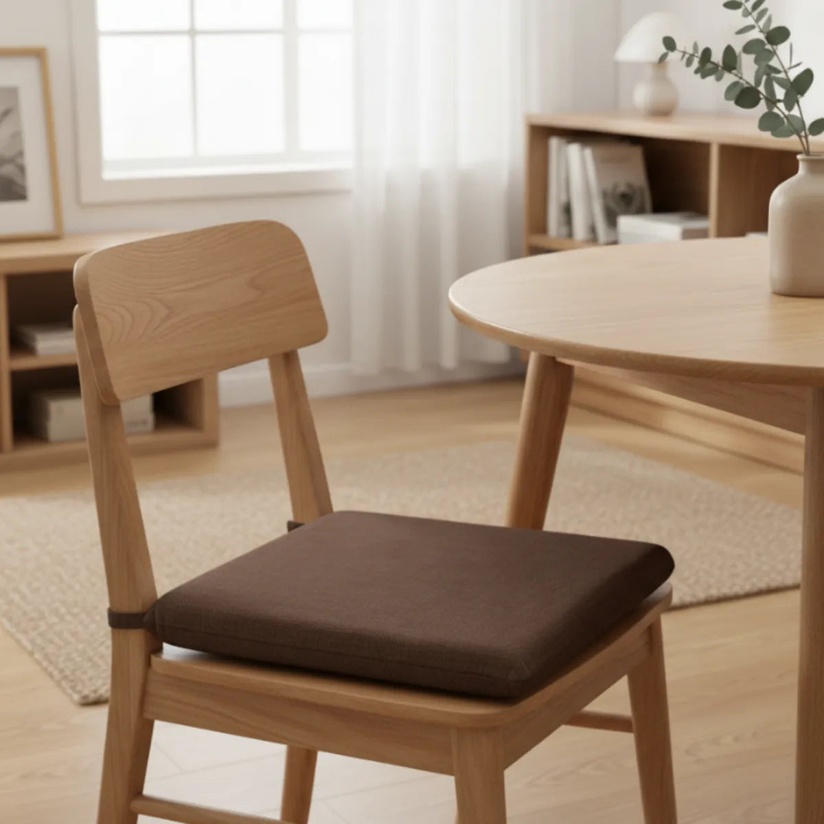 Coussin de chaise style japonais en tissu dans un salon cosy et chaleureux, housse déhoussable avec attaches.
